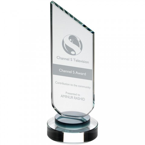 CLEAR GLASS PLAQUE WITH BLACK NECK AND ROUND BASE - 8.75in