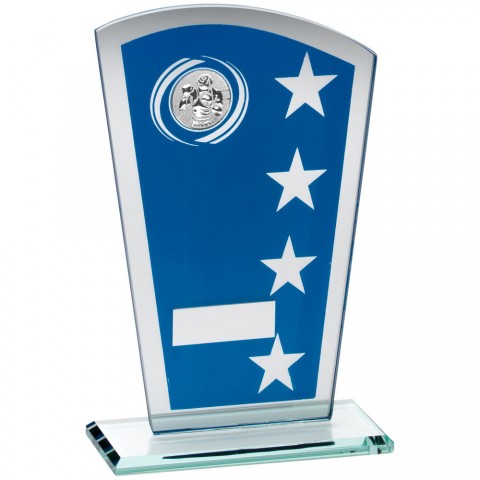 BLUE/SILVER PRINTED GLASS SHIELD WITH BOXING INSERT TROPHY - 7.25in